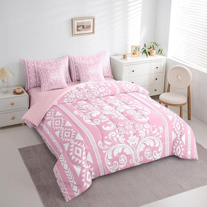 Comforter Set Twin Size, Pink Aztec Damask 7 Pcs Bedding for Kids and Adults, Victorian Decor Western Baroque Goth Floral Bed Sheet Sets with Fitted Sheet 2 Pillowcases & 2 Shams for Bedroom Bed Decor