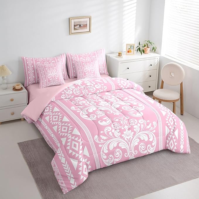 Comforter Set Full Size, Pink Aztec Damask 7 Pcs Bedding for Kids and Adults, Western Bohemian Goth Floral Victorian Bed Sheet Sets with Fitted Sheet 2 Pillowcases & 2 Shams for Bedroom Bed Decor