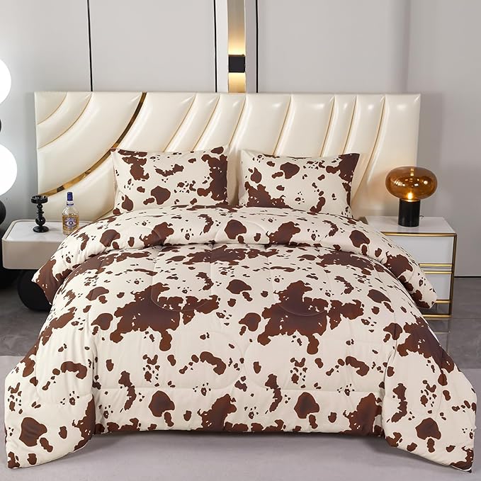 PERFEMET 3 Pieces Cow Print Queen Comforter Set, Brown and Beige Teens Boys Girls Bedding Set, Farmhouse Western Comforter Set for Queen Size Bed (Beige,Queen)