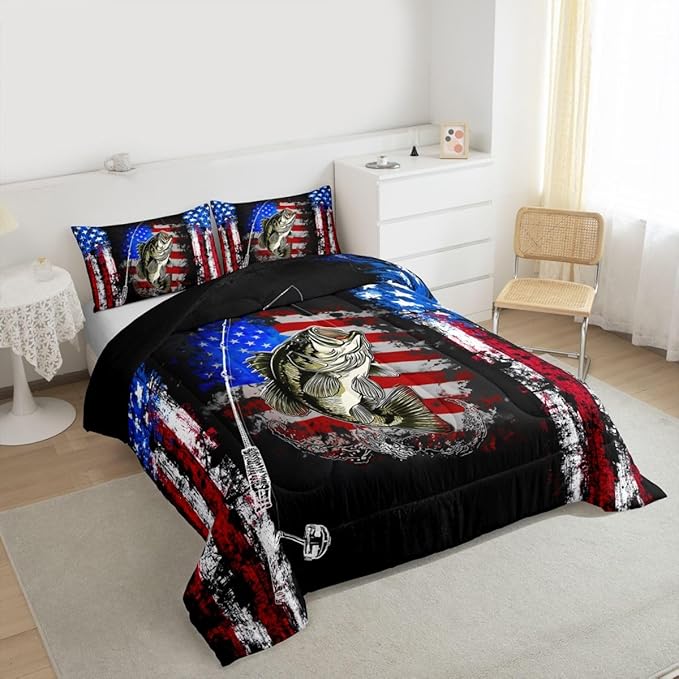 Big Pike Fish Bedding, American Flag Grunge Stripes Print Comforter Set Bass Fishing Comforter Set, Small Fish Pattern Hunting and Fishing Duvet Insert Farmhouse Decor Quilt with 2 Pillowcases King