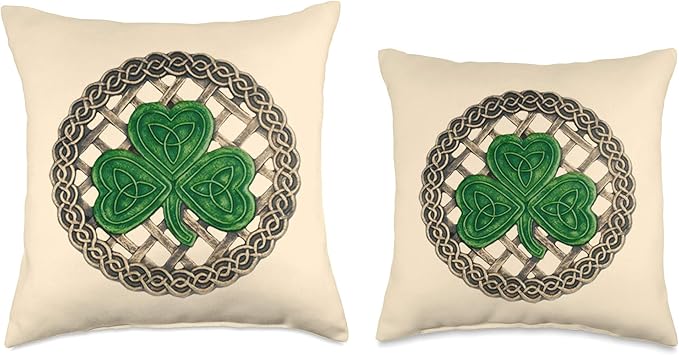 Green Shamrock, Celtic Knots With Beige Background Throw Pillow