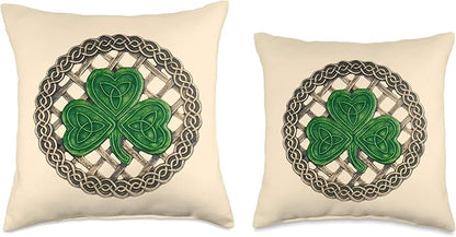 Green Shamrock, Celtic Knots With Beige Background Throw Pillow