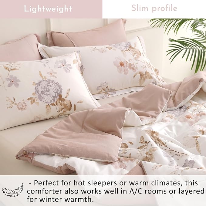 Vintage Natural Cotton Comforter King Size 3Pcs - Brown & Lilac Gray Branches and Soft Blush Flowers on Off-White, Lightweight Reversible Floral Bedding Sets(King,104"×90")