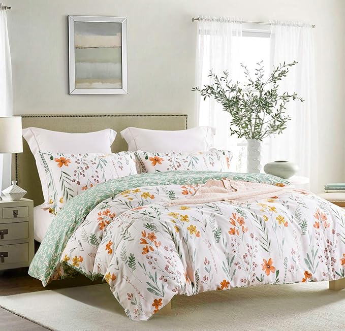 SLEEPBELLA Twin Size Comforter Set Yellow Flowers & Green Botanical Pattern Printed on White 100% Cotton Fabric, Ultra Soft Microfiber Inner Fill 2Pcs Bedding Set
