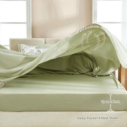 DJY California King Size Comforter Set,Sage Green Botanical Comforters with Sheets Elegant Plants Print Soft Microfiber Reversible Complete Bedding Sets for All Season