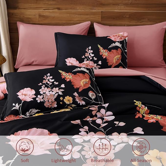 DJY Floral Queen Comforter Set - 7 Pieces Black & Blush Floral Bed in a Bag with Flower Leaves Pattern, Soft Microfiber Botanical Comforter and Sheet Set, All Season Bedding Set (90''x90'')