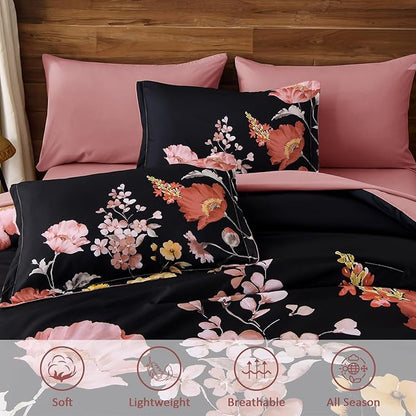 DJY Floral Queen Comforter Set - 7 Pieces Black & Blush Floral Bed in a Bag with Flower Leaves Pattern, Soft Microfiber Botanical Comforter and Sheet Set, All Season Bedding Set (90''x90'')