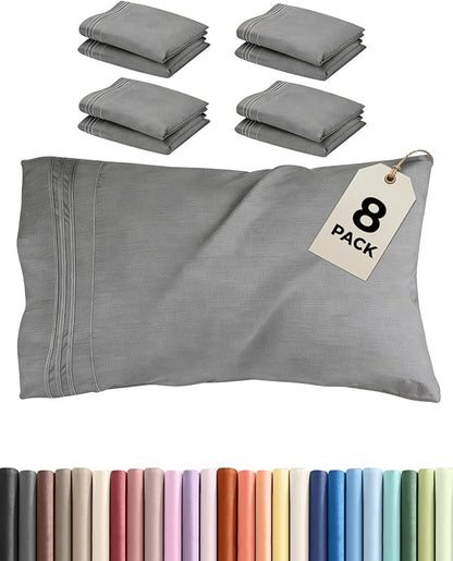 King Pillow Cases Set of 8 - Ultra Soft Hotel Quality Pillowcase Covers - Comfy & Wrinkle Free - Shrink, Stain and Fade Resistant - Machine Washable Pillow Protectors - 8 Piece Set - Heathered Grey