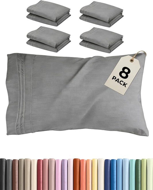 King Pillow Cases Set of 8 - Ultra Soft Hotel Quality Pillowcase Covers - Comfy & Wrinkle Free - Shrink, Stain and Fade Resistant - Machine Washable Pillow Protectors - 8 Piece Set - Heathered Grey