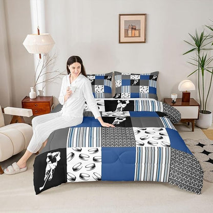 Feelyou Ice Hockey Bedding Set Soft for Boys Girls, Ice Sports Games Comforter Set Queen Size Hockey Player Duvet Quilt Microfiber Winter Sports Bedroom Decor Gray Blue 3 Pcs with 2 Pillow Cases