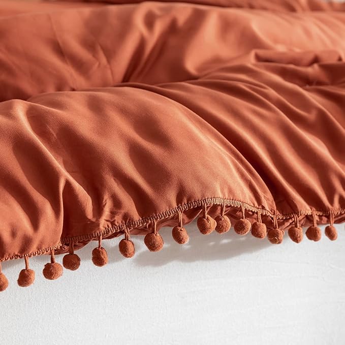 YIRDDEO King Size Comforter Set - King Size Comforter with Ball Pom Fringe, Soft King Bedding Set for All Seasons - 3 Pieces, 1 Comforter (104"x90"inches) & 2 Pillow Shams(20"x36"), Terracotta