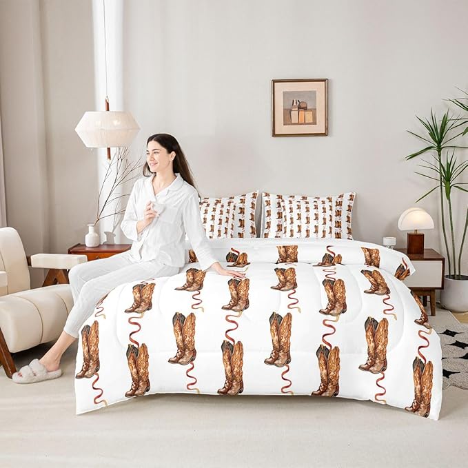 Erosebridal Western Cowboy Bed in A Bag Queen | Retro Cowboy Boots Bohe 7 Piece Comforter Set Hippie Pastoral Sheet Set Reversible Vintage Abstract Hippy Fitted Sheet Breathable Lightweight