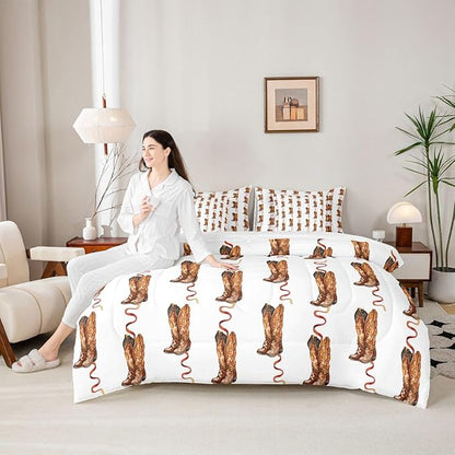 Erosebridal Western Cowboy Bed in A Bag King | Retro Cowboy Boots Bohe 7 Piece Comforter Set Hippie Pastoral Sheet Set Reversible Vintage Abstract Hippy Fitted Sheet Breathable Lightweight