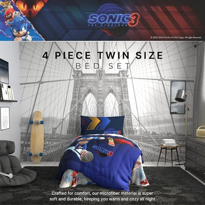 Sonic The Hedgehog 3 Movie Kids Bedding Super Soft Comforter and Sheet Set, 4 Piece Twin Size, (Officially Licensed Product) by Franco | Durable, Reversible, Officially Licensed