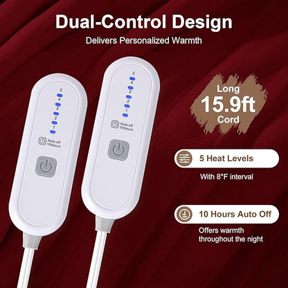Queen Size Electric Blanket for Bed - 84" x 90" Dual Control Heated Blanket with 10 Hrs Auto Off, 5 Heating Levels, Over-Heat Protection, Washable Flannel Sherpa Heating Blankets, Red