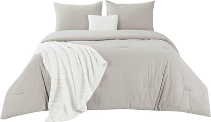 Bedsure 5 Pieces Cotton Comforter Set with Waffle Throw Blanket - Soft Breathable Bedding Set for All Seasons, Beige Comforter King Size, Pillow Shams, White 100% Cotton Blanket, Throw Pillow