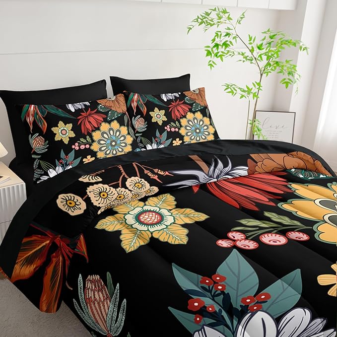 7 Pieces Colorful Floral Comforter Set,Bohemian Botanical Bedding Set Full Size,Boho Farmhouse Flower Leaves Printed on Black Design,All Season Lightweight Soft Microfiber Bedding Set