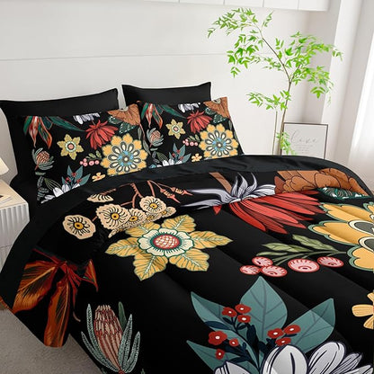 7 Pieces Colorful Floral Comforter Set,Bohemian Botanical Bedding Set Full Size,Boho Farmhouse Flower Leaves Printed on Black Design,All Season Lightweight Soft Microfiber Bedding Set