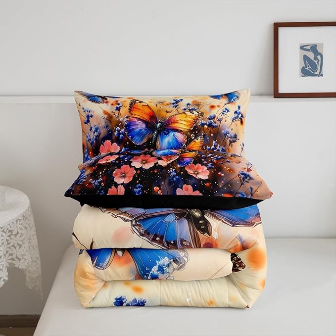 Feelyou Butterfly Comforter Set Queen Size Butterflies Print Comforter for Boys Girls Teens Animal Bedding Set Butterfly Floral Duvet Set Room Decor Blue Purple Quilt Set