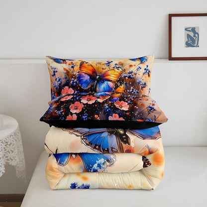 Feelyou Butterfly Comforter Set Queen Size Butterflies Print Comforter for Boys Girls Teens Animal Bedding Set Butterfly Floral Duvet Set Room Decor Blue Purple Quilt Set