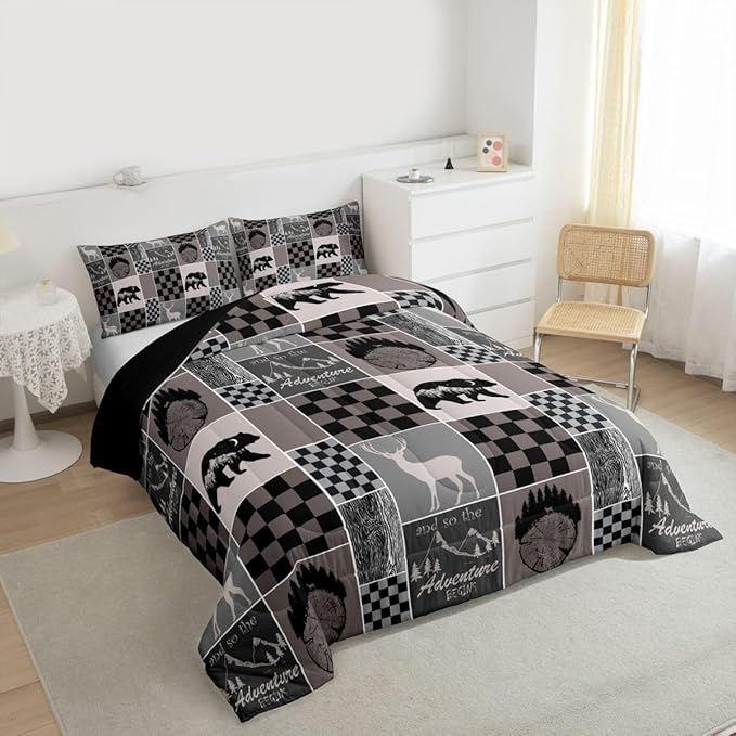 Cabin Bear Deer Comforter Set For Boys, Rustic Retro Country Animal Quilt Queen Size, Hunting Camper Lodge Bedding Comforter Sets Adventure Vintage Western Farmhouse Duvet Insert, Brown Gray Black