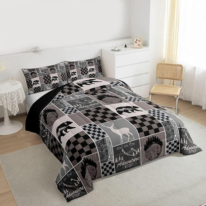 Cabin Bear Deer Comforter Set For Boys, Rustic Retro Country Animal Quilt Full Size, Hunting Camper Lodge Bedding Comforter Sets Adventure Vintage Western Farmhouse Duvet Insert, Brown Gray Black