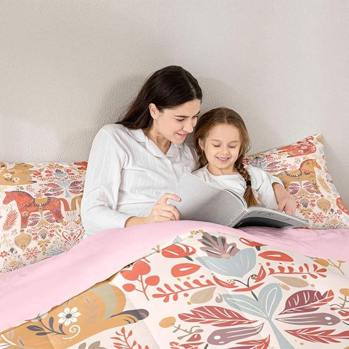 Flower Horse Comforter Set King Size,Rustic Farmhouse Bedding Sets 3Pcs for Kids Girls Boys Women Room Decor,Boho Squirrel Bird Quilted Duvet Xmas Bells Snowflake Down Comforter,2 Pillowcases