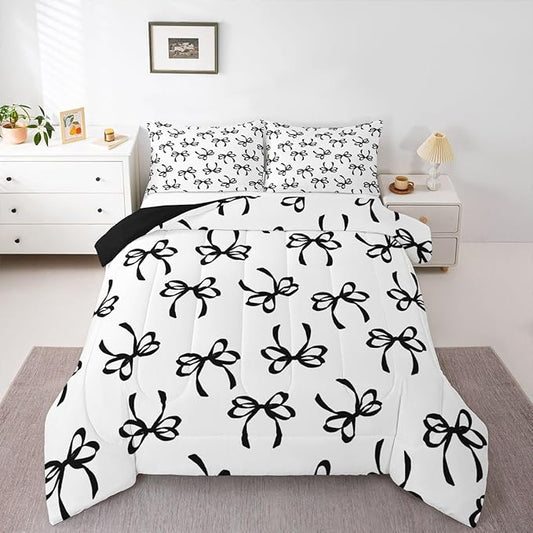 Erosebridal Bowknot Comforter Set King Black Watercolor Bow Bedding Set for Kids Teen Adults,Fashion Coquette Bowknot Down Comforter Black White Modern Simple Quilt for All Season