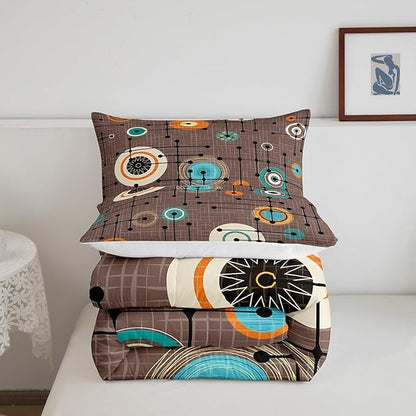 Erosebridal Geometric Grid Bedding King Brown Minimalism Comforter Set, Mid Century Duvet Insert Retro Atomic Down Comforter, Rainbow Circles Black Lines Bedding Comforter Sets Abstract Room Decor