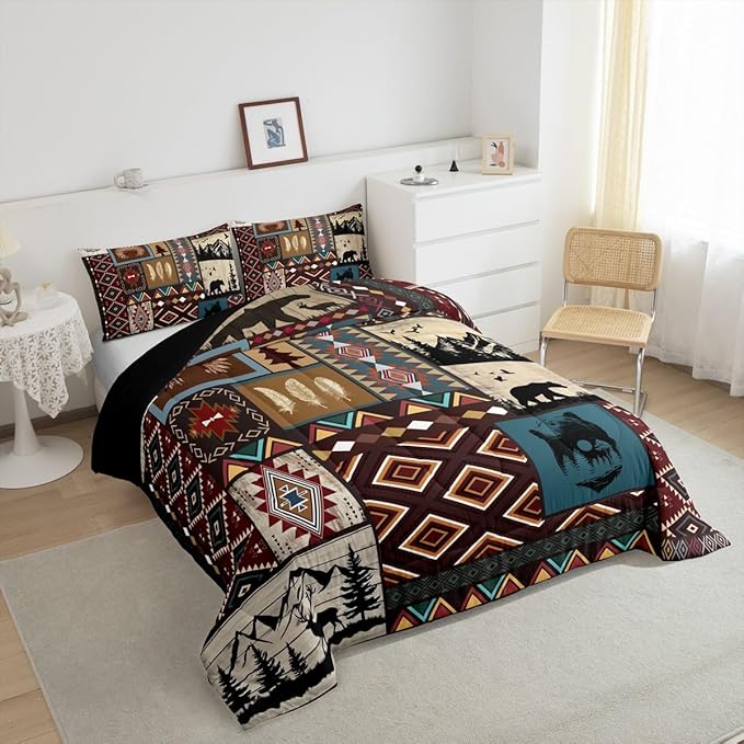Elk Bear Comforter Set Twin Size,Exotic Vintage Country Decor Woodland Animal Bedding Comforter Sets Southwest Quilt Pine Trees Ethnic Tribal Arrow Down Comforter,Western Room Decor for Bedroom