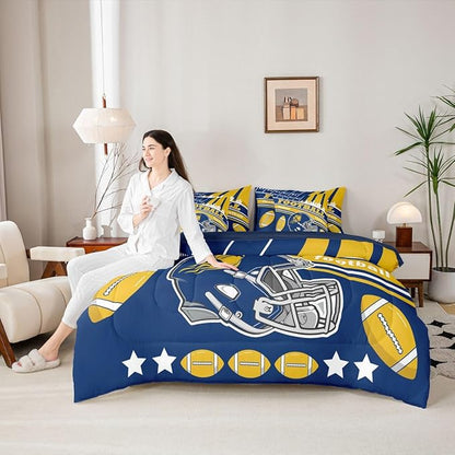 Feelyou Football 7 Pieces Comforter Sets Queen Size Kids Bedding Set for All Season Rugby Sports Football City Bed in a Bag with Comforter, Sheets, Pillowcases & Cushion Cover