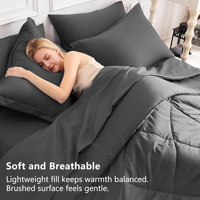 CozyLux King Size Comforter Set Dark Grey - 7 Pieces Bed in a Bag King, Luxury Soft Bed Set for All Seasons, Bedding Set with Down Alternative Comforter, Sheets, Pillowcases & Shams