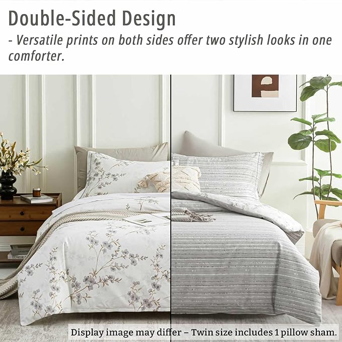 Vintage Botanical White Cotton Comforter Twin Size - Elegant Gray Flowers and Taupe Branches on White, Light Gray Striped Back, 2PC Lightweight Bedding Set with Soft Alternative Fill
