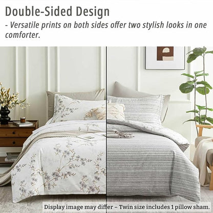Vintage Botanical White Cotton Comforter Twin Size - Elegant Gray Flowers and Taupe Branches on White, Light Gray Striped Back, 2PC Lightweight Bedding Set with Soft Alternative Fill