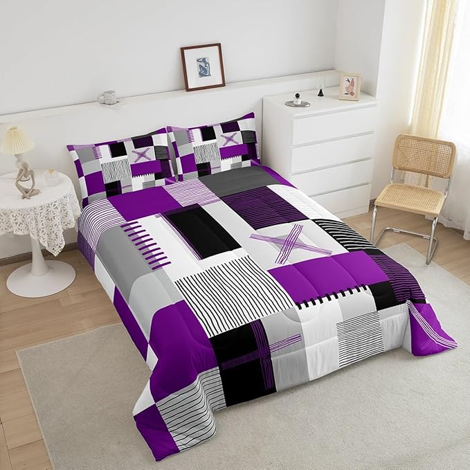 Erosebridal Purple Grey Queen Comforter Set for Girls Women Black White Abstract Bedding Set for Kids Adults Geometric Square Quilt Grids Checkered Duvet Insert Modern Fashion Room Decor 3 Pcs