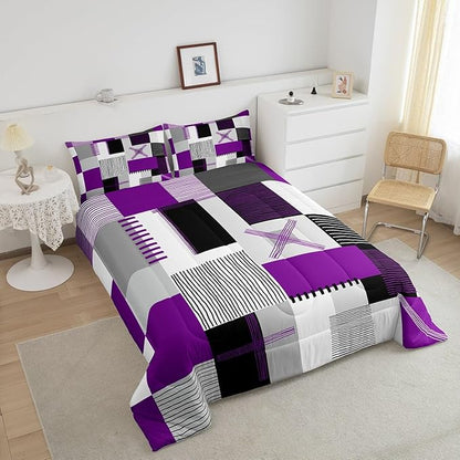 Erosebridal Purple Grey Queen Comforter Set for Girls Women Black White Abstract Bedding Set for Kids Adults Geometric Square Quilt Grids Checkered Duvet Insert Modern Fashion Room Decor 3 Pcs