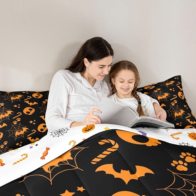 Erosebridal Cute Orange Halloween Twin Bedding Sets Spider Web Skull Bat Comforter Set Spooky Goth Gothic Animal Quilt Duvet Set Horror Halloween Bedding Collections for Kids Teens Adults