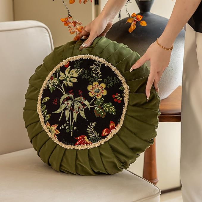 vctops Round Throw Pillow with Zipper Vintage Spring Floral Pillow Cushion Soft Velvet Pleated Throw Pillows for Couch Chair Bed Car (Green,18")