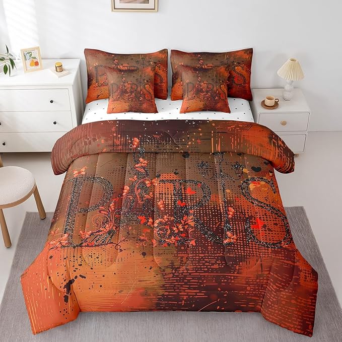 Erosebridal French Paris King Comforter Set 7-Piece Romantic Eiffel Tower Bed in a Bag, Red Gradient Bedding Comforter Sets Retro Grunge Bedding Set with Fitted Sheet, Flat Sheet and Pillowcases
