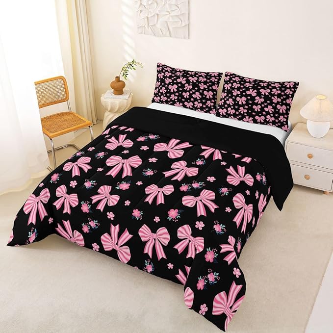 Feelyou Black Pink Bow Bedding Set Soft for Boys Girls, Cute Floral Comforter Set King Size Cute Bowknot Duvet Quilt Microfiber Kawaii Bedroom Decor 3 Pcs with 2 Pillow Cases