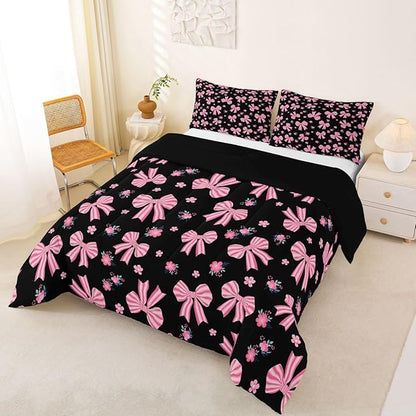 Feelyou Black Pink Bow Bedding Set Soft for Boys Girls, Cute Floral Comforter Set King Size Cute Bowknot Duvet Quilt Microfiber Kawaii Bedroom Decor 3 Pcs with 2 Pillow Cases