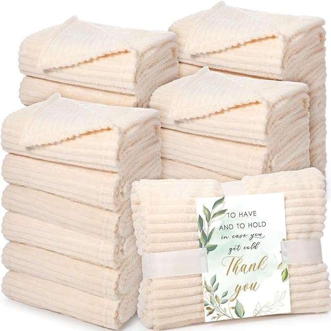 Buryeah 24 Pcs Wedding Flannel Fleece Throw Blanket Bulk with Thank You Card and Ribbon, 50 x 60 in Oeko-TEX Standard 100 Certified Blankets Outdoor Wedding, Guest Party Souvenirs (Ivory)