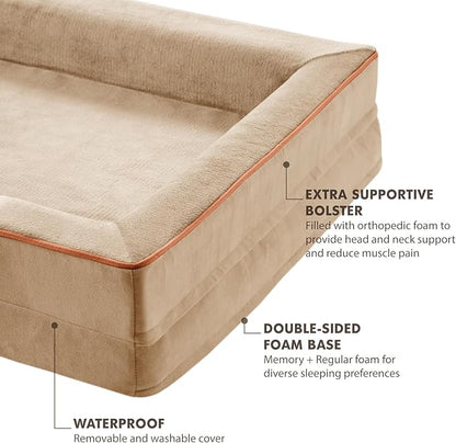 Friends Forever Orthopedic Dog Bed for Large Dogs, Waterproof Memory Foam Dog Sofa Bed L with Removable Washable Cover, Ally Khaki, 35x25x6.5