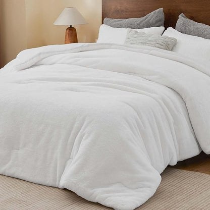 BEDELITE Faux Fur Fleece King Comforter Set - Fluffy & Warm White Comforter King Size，Ultra Soft and Cozy Winter Bedding Set,Fuzzy Thick Bed Set,1 Comforter and 2 Pillowcases