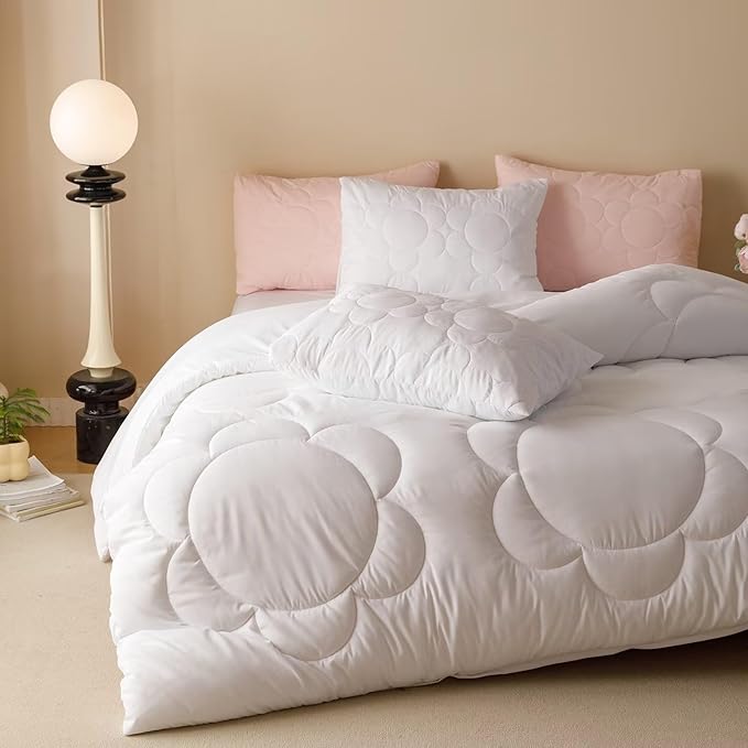 Cottonight White Sunflower Comforter Set - King Size 3 Piece Bedding Set - Soft Breathable Solid White Floral Bedding Set - Women Girls Boho Farmhouse Chic Blanket Quilts