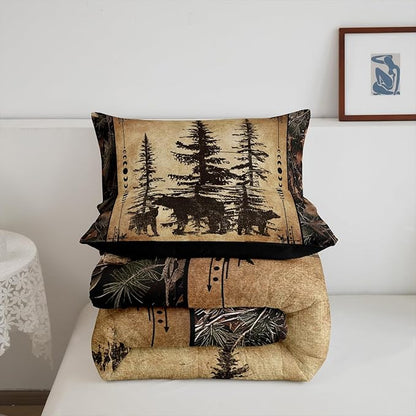 Erosebridal Tree Camo Cabin Comforter Set Twin Rustic Farmhouse Bedding Sets Camouflage Hunting Wildlife Bear Bedding Comforter Sets for Boys Teen Men,Woodland Pine Tree Animal Quilt Set 2 Pcs