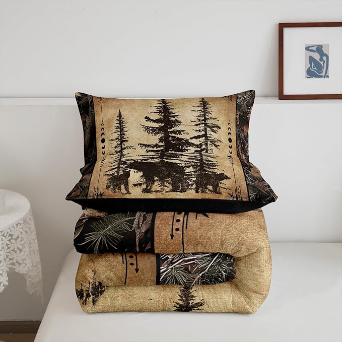 Erosebridal Tree Camo Cabin Comforter Set Toddler Rustic Farmhouse Bedding Sets Camouflage Hunting Wildlife Bear Bedding Comforter Sets for Boys Teen Men,Woodland Pine Tree Animal Quilt Set 2 Pcs