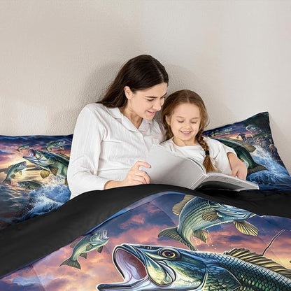 Erosebridal Bass Fishing King Bedding Set - Pike Fish Fisherman Comforter Set for Boys Kids Teen | Lake House Theme Quilt | Rustic Farmhouse Cabin Bedroom Decor with 2 Pillowcases