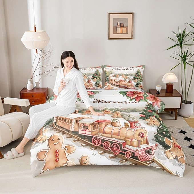 Christmas Train Bedding Sets Twin Size,Gingerbread Men Comforter Set 2Pcs for Kids Girls Boys Women Room Decor,Xmas Tree Quilted Duvet Merry Christmas Down Comforter,1 Pillowcase