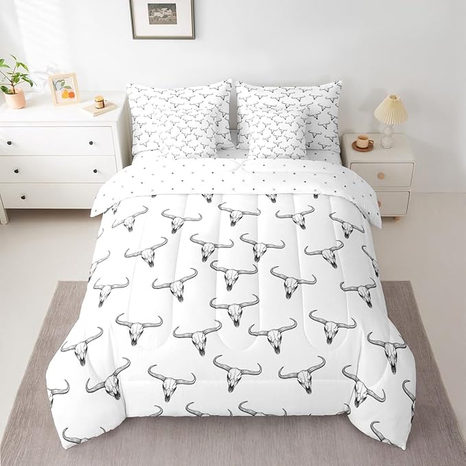 Erosebridal Bull Skull 7 Piece Comforter Set Queen Ethnic Bohemian Bedding for Men Boys | Tribal Steer Skull Wildlife Aztec Bedroom Decor Farmhouse Cabin Lodge Sheet Set with Comforter,Black White
